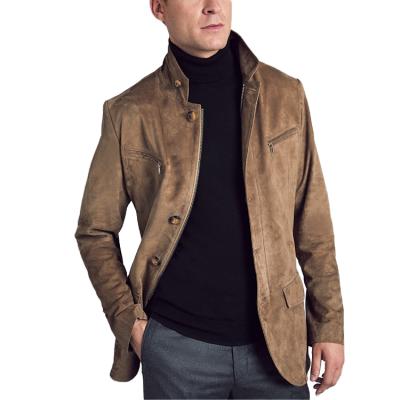 China 2020 Winter Mens QUICK DRY Custom Taupe Brown Suede Leather Jacket Logo Lining Zipper Button Viscous Coat for sale