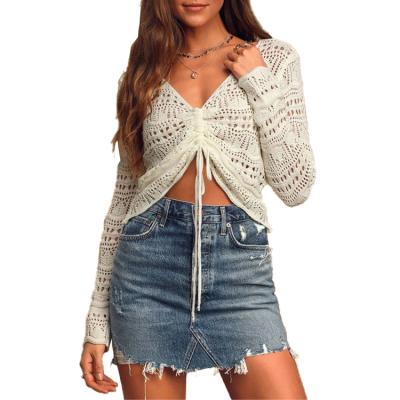 China 2021 Anti-wrinkle Women's Summer Hollow Pattern Long Sleeve Plus Size V Neck Ruched Pullover Crop Top Sweater for sale