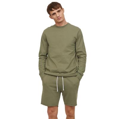 China Anti-Wrinkle 2021 Men Customize Khaki Green Cotton Long Sleeve Sweater Shirt And Sweat Shorts Sets For Men for sale