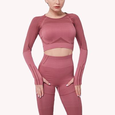 China Breathable Custom High Waist Seamless Mesh Yoga Fitness Woman Long Sleeve Wear Pants Leggings Yoga Gym Set for sale