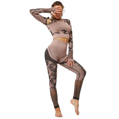 China Breathable Custom High Waist Seamless Mesh Yoga Fitness Woman Long Sleeve Wear Pants Leggings Yoga Gym Set for sale