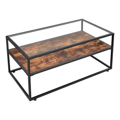 China (Size)VASAGLE Living Room Tempered Glass Top Steel Frame Stable Wood Decoration Adjustable Center Supply Rustic Coffee Table for sale