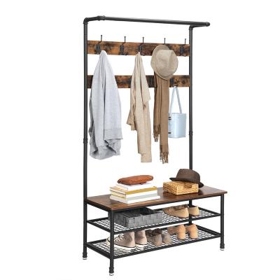 China Easy Assemble Metal Frame Furniture Industrial Coat Rack Entryway Shoe Bench Storage Shelf Organize Coat Rack for sale