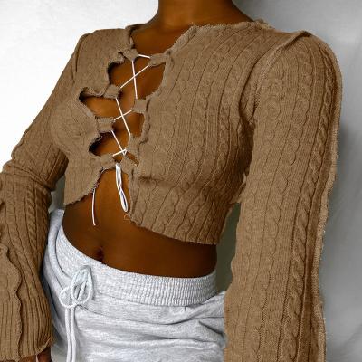 China Breathable Hot Selling Bandage Tops For Girl 2021 Long Sleeve Women Casual Knitted Tops for sale