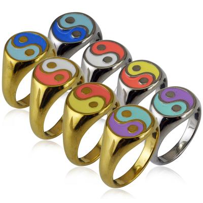 China Trendy Stainless Steel TAIJI Enamel Rings Tarnish Free Fashion 18k Gold Plated Rings Jewelry For Women for sale