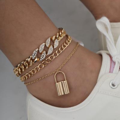 China Hip Hop Multi Layer 18k Gold Plated Rhinestone Cubic Zirconia Lock Chain Dangling Cuban Anklets for sale