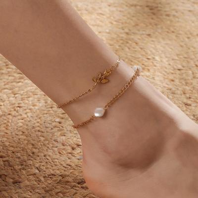 China TRENDY Trendy 18K Gold Plated Stainless Steel Nature Pearl Rose Flower Multi Layer Anklet Chain Non Tarnish Foot Jewelry for sale