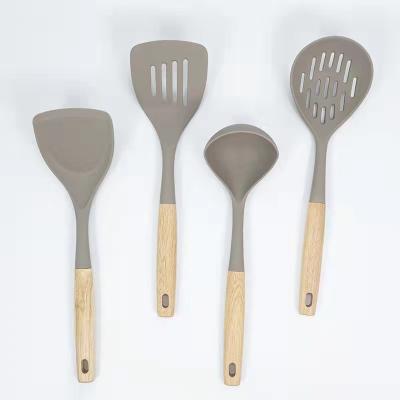 China Viable Heat Resistant Silicone Kitchen Wok Utensils Set Silicone Utensils Silicone Coking Turner Spatula With Wooden Handle Spoons for sale