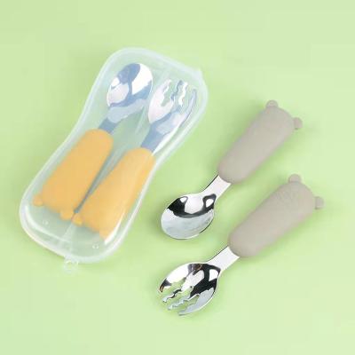 China Viable Hot Sale Silicone Handle Toy Bricks Knife Fork Spoon Toddler Kids Flatware Silverware Child Set Baby Cutlery Spoon Set for sale