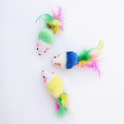 China Sustainable Popular Pet Supplies Cat Toys Stuffed Mice Colorful Feather Makers Head Teasing Cat Toys Feather Mice for sale