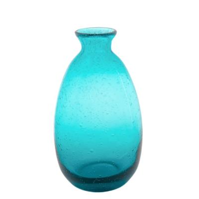 China Novelty Mouth Blown Blue Glass Flower Vase With Bubble for sale