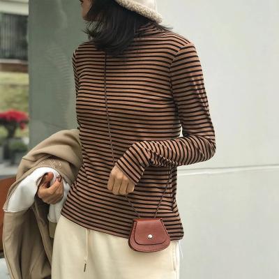 China Anti Wrinkle Full Sleeve Yarn Dyed Rayon Fabric Turtle Neck T-shirts Women 100% Cotton Stretching Women Clothing 2021 for sale