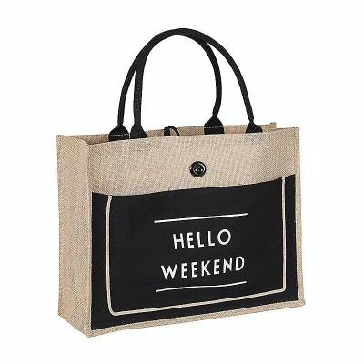 China 2023 Printed Custom Jute Eco-Friendly Tote Bags With Front Pocket Reusable Natural Burlap Canvas Bags For Gifts Shopping Bag for sale