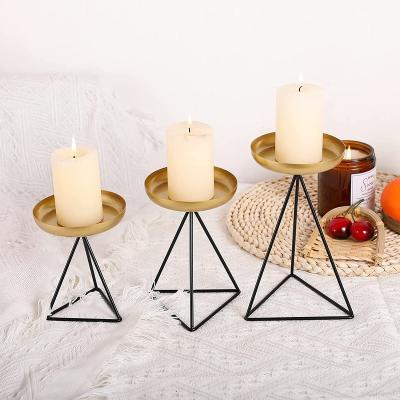 China Home Decoration Candle Holders For Pillar Candle - 3Pcs Matte Black &Gold Geometric Candlestick Holders Metal Candle Holders For Wedding Party Fes for sale