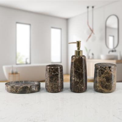 China Viable Wholesale Decorative Home Accessories Bathroom Sets Brown Marble Effect Real Nature Marble Bathroom Sets for sale