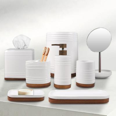 China White Sustainable And Wooden Modern Style Ceramic Pump Bathroom Accessories Set For Home Hotel Bathroom for sale