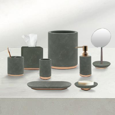 China Amazon Viable Hot Selling Luxury Army Green Diatomite Bathroom Set With Metal Base Accessories For Home Hotel Washroom for sale