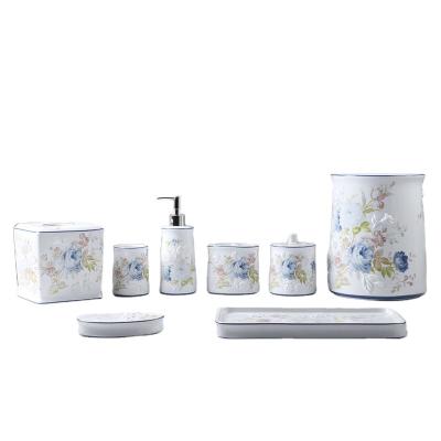 China Sustainable Hotel Weeding Luxury 8 Pieces Flower Decal Chinese Style Fine Bone China Ceramic Household Bathroom Sets For Hotel for sale