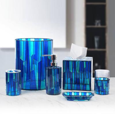 China Excellent Quality Sustainable Luxury Modern Mosaic Blue Ombre Crystal Glass 6 Pcs Accessories Bathroom Set for sale