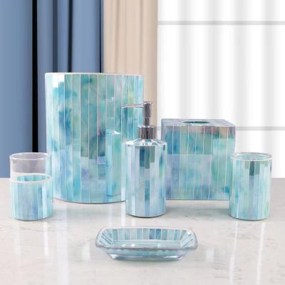 China Durable Excellent Quality Mosaic Ombre Sky Blue Glass 6 Pcs Luxury Bathroom Accessories Set for sale