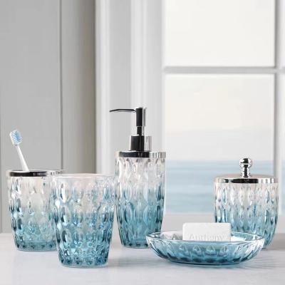 China Best New Style Sustainable Sapphire Selling Bathroom Accessories Set Glass Bathroom Set Glass Bottles for sale