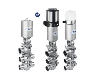 China DONJOY Water Stainless Steel Liquid Three Seat Divert Seat Valve with Pneumatic Actuator and Position Feedback for Sanitary Chemical Fluid for sale