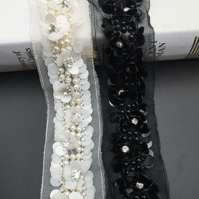 China 2021 fashionable new fashionable three-dimensional mesh hand nailed pearl piece sequin lace heavy industry nailed pearl lace clothing DIY accessories for sale