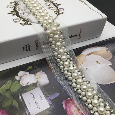 China 2021 Fashionable New Trendy Handmade Pearl Water Beaded Drill DIY Barcode Lace Beaded Wedding Dress Accessories for sale