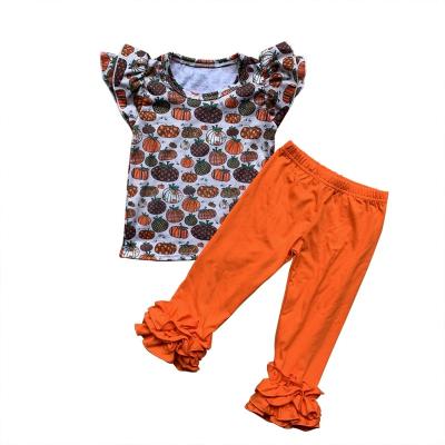 China Casual Wholesale Casual T-shirt Floating Fall Cotton Ruffle Pants Babies Boutique Pumpkin Matching Outfit for sale