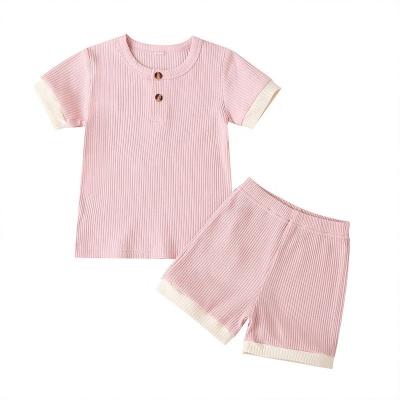 China Summer boutique children's short sleeves tracksuit children's plain pink ribbed short toddler pajamas boys casual home wear for sale