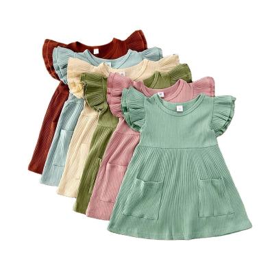 China Summer Breathable Wholesale Baby Clothes Kids Cotton Flying Sleeve Soft Ribbed Dresses for sale