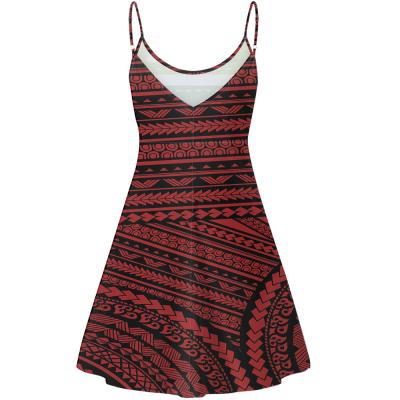 China Anti-Static Casual Dress Women Summer Polynesian Samoa Hibiscus Pattern O-Neck Spaghetti Strap Dress Mini Party Dress Low MOQ for sale