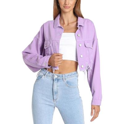 China Purple Lattice Jackets women Anti-wrinkle short purple coat denim jacket with high quality for sale