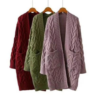 China 2020 Autumn Winter Ladies Long Sleeve Loose Mid Length Knit Coat Pockets Women Cardigan Sweater for sale