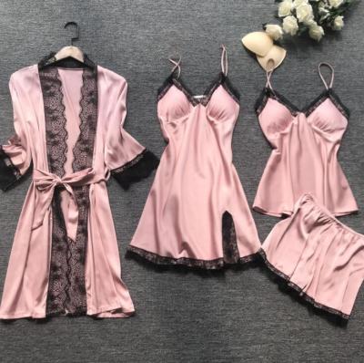 China 4pcs Women Satin QUICK DRY Silk Pajamas Set With Contrast Color Lace Sleepwear For Ladies for sale