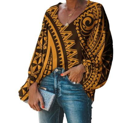 China Plus Size Body Shirts Polynesian Samoa Anti Pilling All Over Gray Tribal Wave Casual V Neck Shirts Long Sleeve T Shirt Tops Loose Blouse for sale