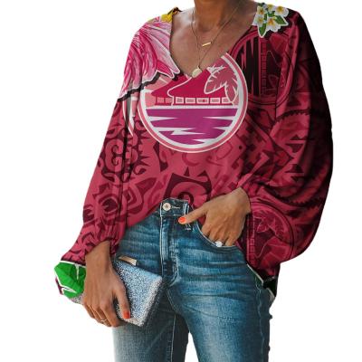 China Breathable Floral Polynesian Tribal Print Fashion Women Blouses And Shirts Tops Lantern Sleeve Customized Ladies Blouses And Tops Women for sale