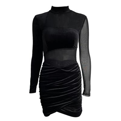 China 6517 Sexy Women Breathable Mesh Velvet Mini Dress Spring One Shoulder Long Sleeve Stitching Bodycon Long Dresses Turtle Neck Black Casual Dress for sale