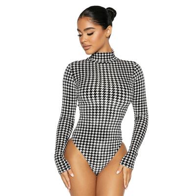 China 6418 2022 wholesale custom made breathable printing sexy rompers jumpsuits club long sleeve outfits for women plaid black jumpsuit for sale