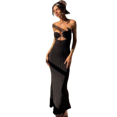 China Breathable 6507 Button Halter Black Dress For Women Party Long Bandage Dresses Sexy Strapless Criss Cross Low Cut Long Dress For Vacation Beach Wear for sale