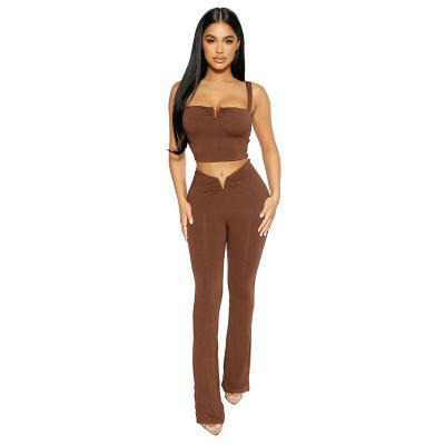 China 6391 Women Set Two Piece Crop Breathable Casual Top And Flare Pants Suit Sexy Sports Workout Teams Elegant Female Slim Tracksuit Clothing for sale