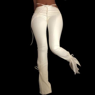 China Fashion Bandage Cotton Waist Pants Breathable White Elastic 9390 New Arrivals Fall And Winter Women's Gray Flare Pants for sale