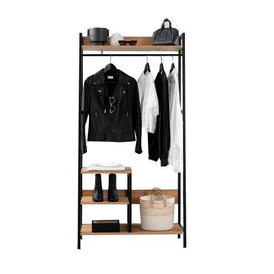 China Factory direct modern wardrobe shelf hanging clothes stand rack with drawers and shoe rack wood wardrobe storage wooden shelf for sale