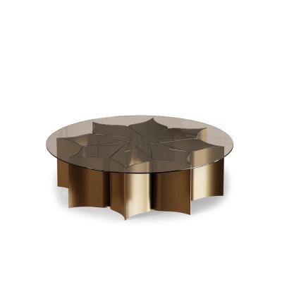 China Customizable Brown Rose Gold Stainless Steel Post Modern Base Tempered Low Top Modern Glass Coffee Table for sale