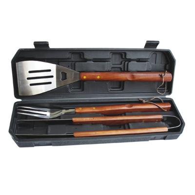 China Easily Cleaned Food grade wood handle BBQ grilling tool set with Plastic carry box bbq grill accessories for sale