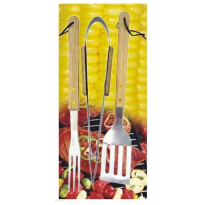 China Easily Cleaned 3 Pcs wood handle bbq grilling tool set with leather strap in tied card package for sale