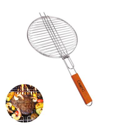 China Easily Cleaned Popular round shape BBQ grill basket with wood handle stainless steel bbq grill net for sale