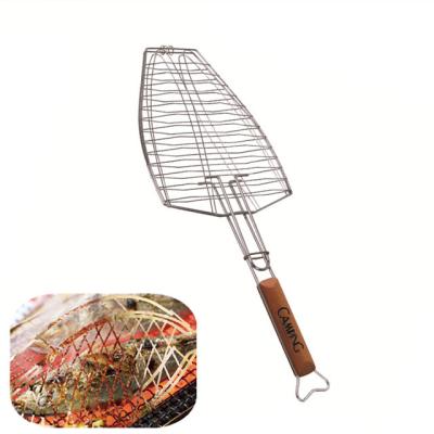 China Easily Cleaned Popular style wood handle double bbq fish grill basket nonstick BBQ accessories for sale