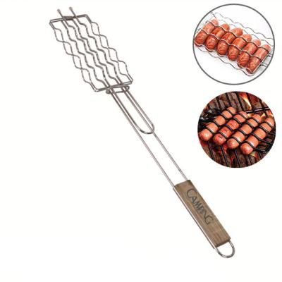 China Easily Cleaned Outdoor cooking tools electroplate barbecue sausage hot dog grill basket with wood handle for sale