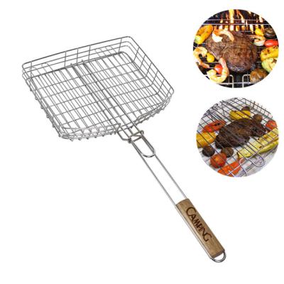 China Easily Cleaned High quality outdoor camping chrome plated bbq vegetable grill basket with wood handle for sale